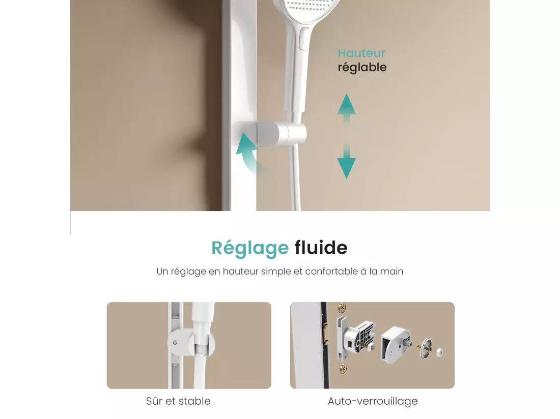 EMKE Colonne de douche Thermostat Ensemble de colonne de douche avec plaque thermostatique de 40 cm, douchette à effet pluie, Blanc