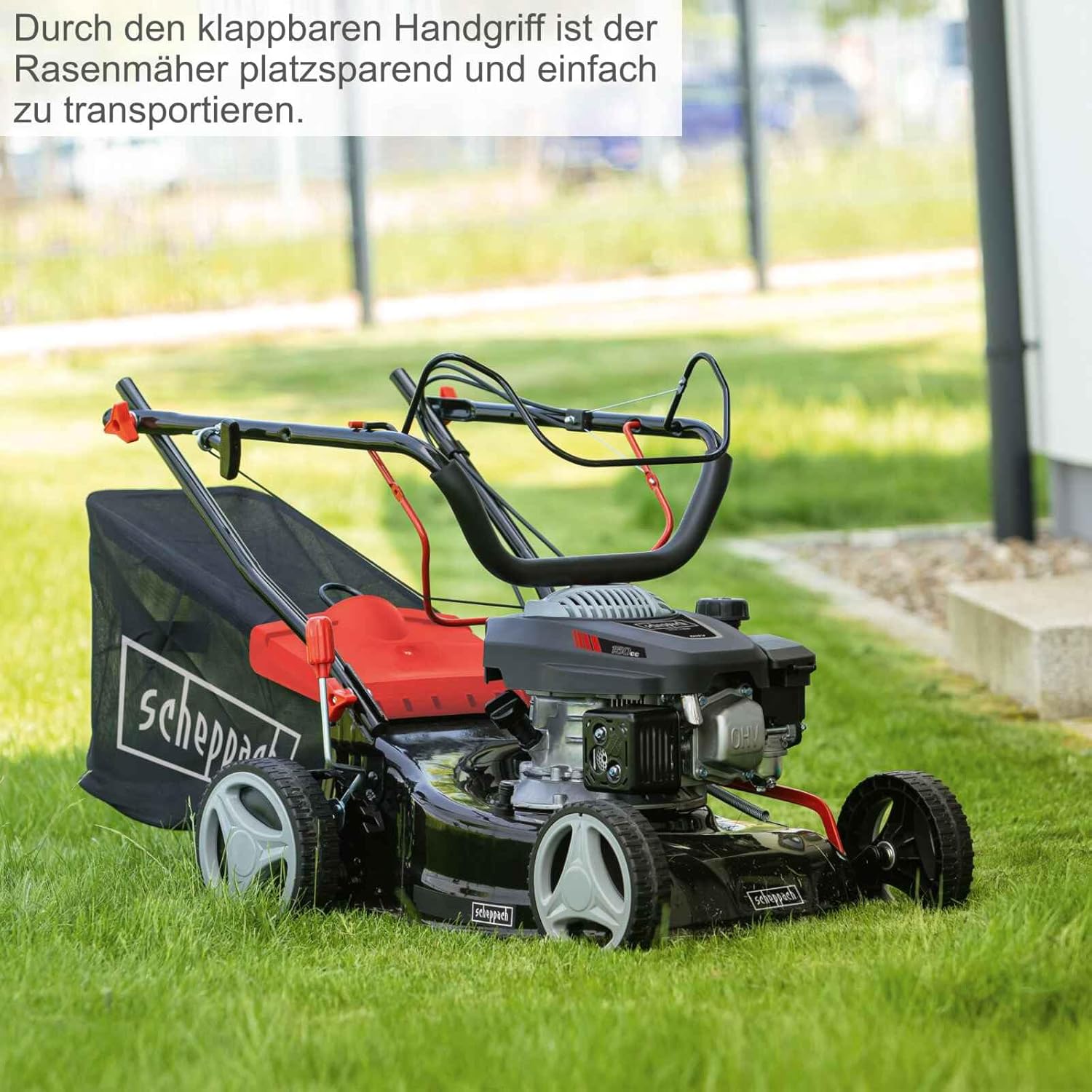 Scheppach Benzin Rasenmäher MS150-42 - 3,5PS | Schnittbreite 42cm | Radantrieb | Stahlgehäuse | Reinigungsfunktion | Mulchfunktion | 45L Korb | 7-stufige Höhenverstellung | inkl. 2. Mäh-/Mulchmesser