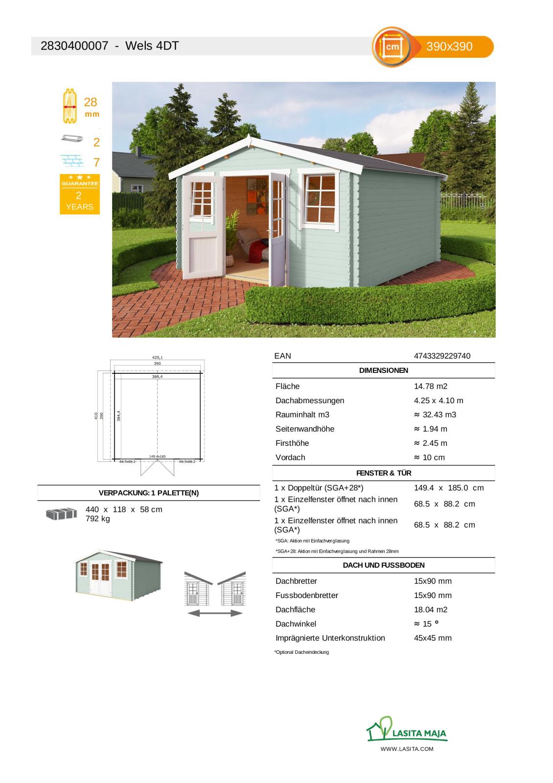 Gartenhaus WELS 4 DT - gletschergrün - Fichte massiv - 390x390 cm