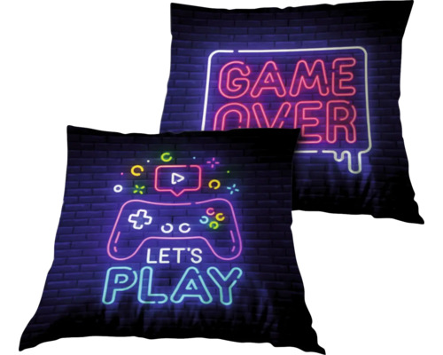 Kussen Game Over Let's Play blauw roze 45x45 cm