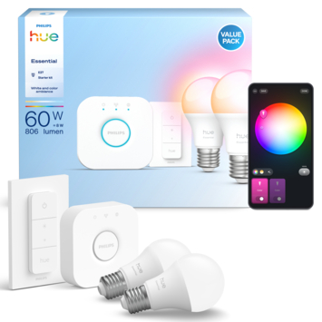 Philips Hue Essential starterkit - wit en gekleurd 3W - 2 E27 lampen met bridge en dimswitch