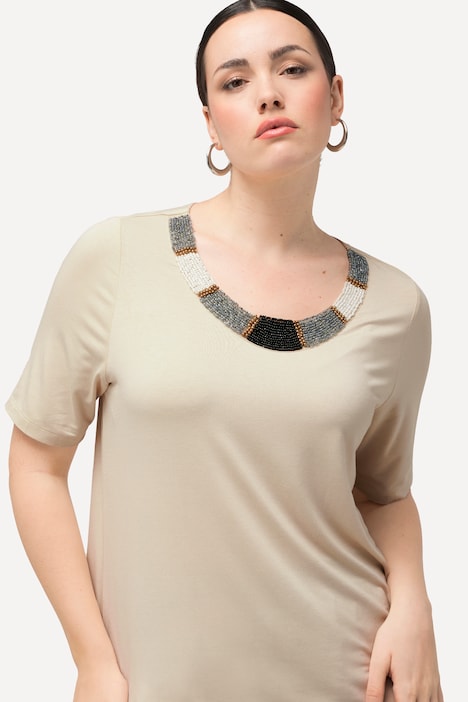 T-Shirt, Perlenstickerei, A-Linie, Rundhals, Halbarm