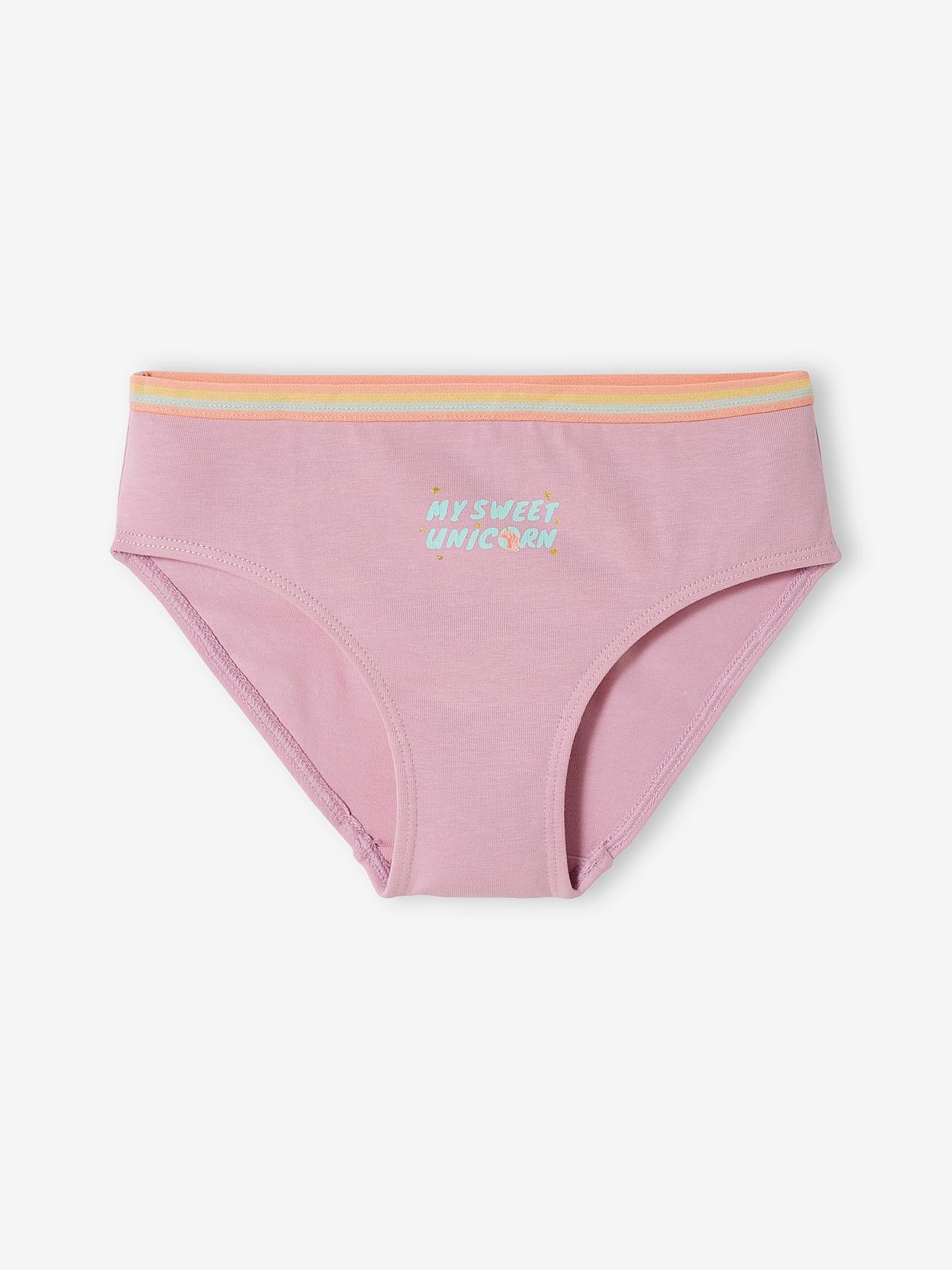 Pacote com 5 calcinhas unicórnio, tamanho médio infantil, lisinhas, violeta com estampas.
