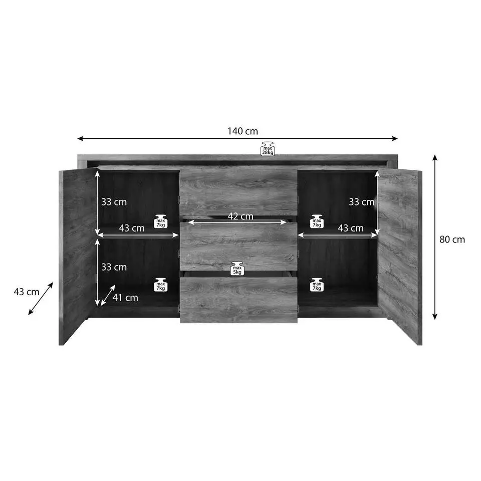 Meubella - Dressoir Melody - Wit - Eiken - 140 cm