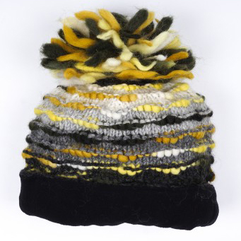 Bommelmütze grau/gelb, handgestrickt in Nepal günstig bestellen