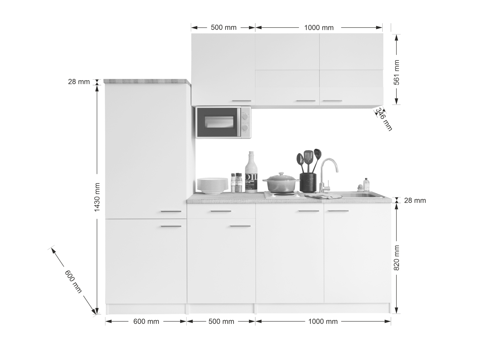 RESPEKTA Küchenzeile - weiß - mit E-Geräten - 210 cm
