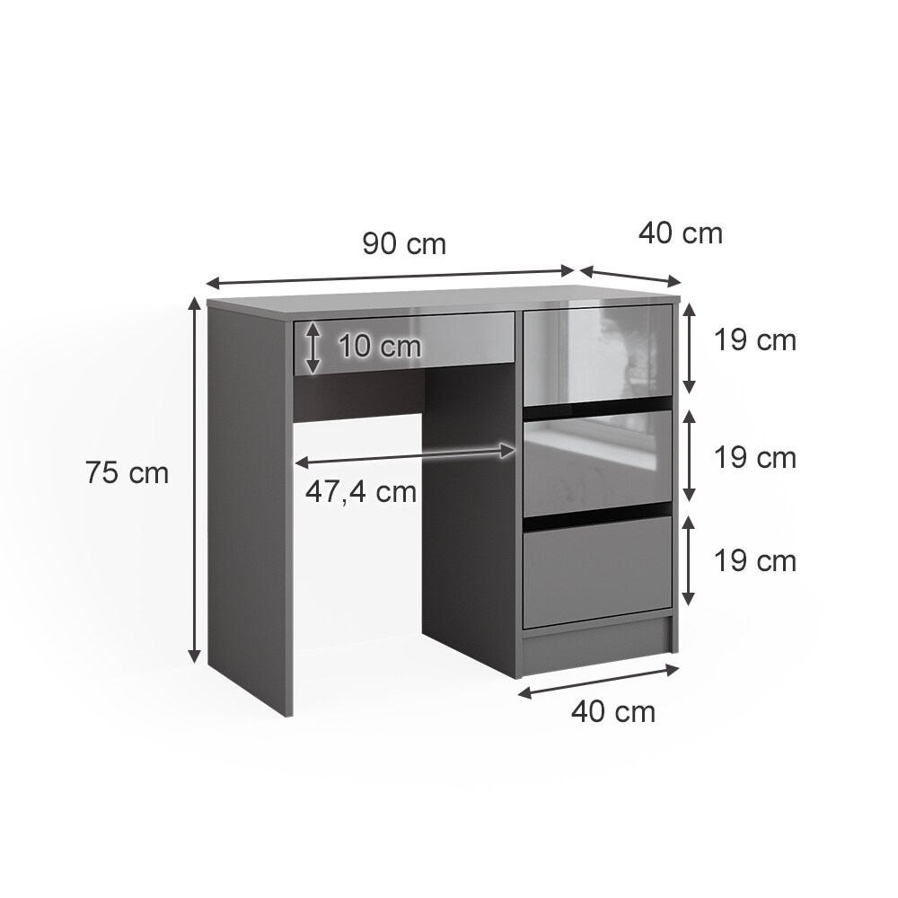 Vicco Schminktisch Sherry klein Grau Hochglanz, 90 x 75 cm, Schubladen, Frisiertisch