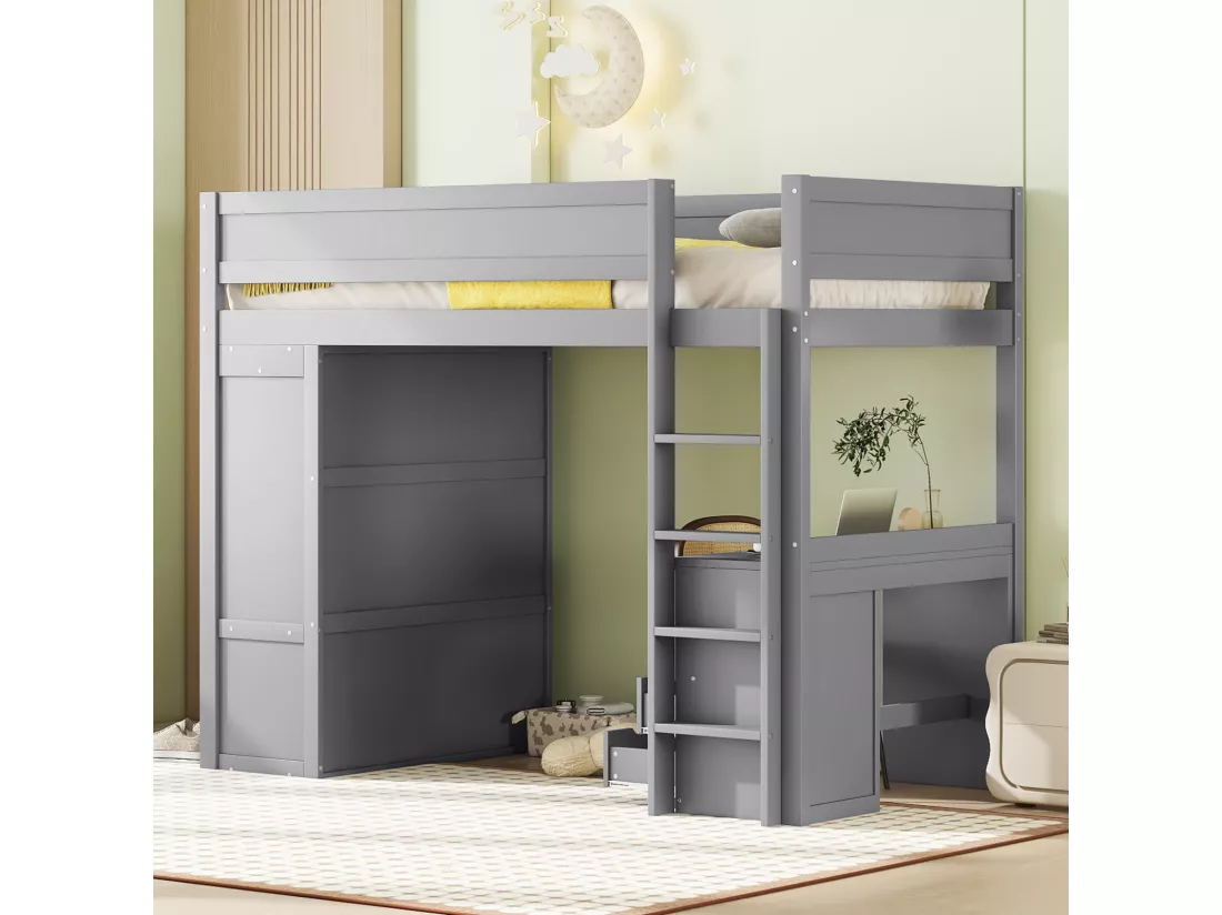 Lit mezzanine 90x200cm, lit enfant polyvalent, équipé d'armoire, bureau et tiroirs, échelle, sommier à lattes, pin, gris