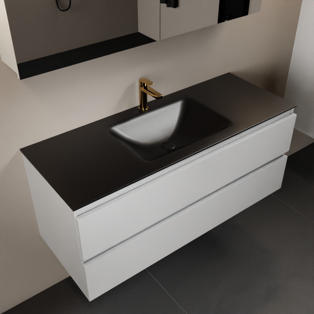 Mondiaz Aivy badmeubel 120cm talc met wastafel solid surface urban midden 1 kraangat en spiegelkast