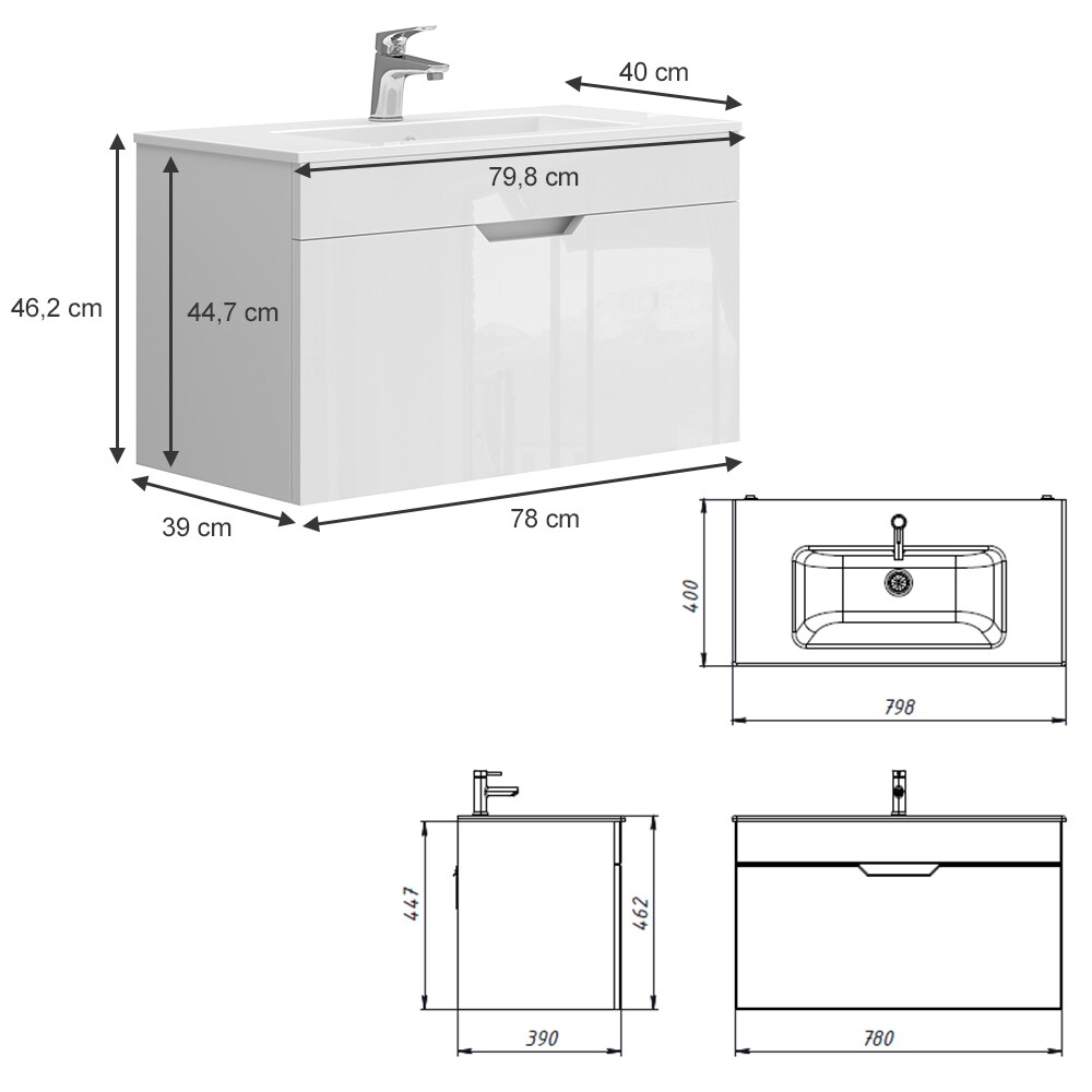 Vicco Waschbecken mit Unterschrank Stefania 80 cm breit, Waschtisch hängend Weiß