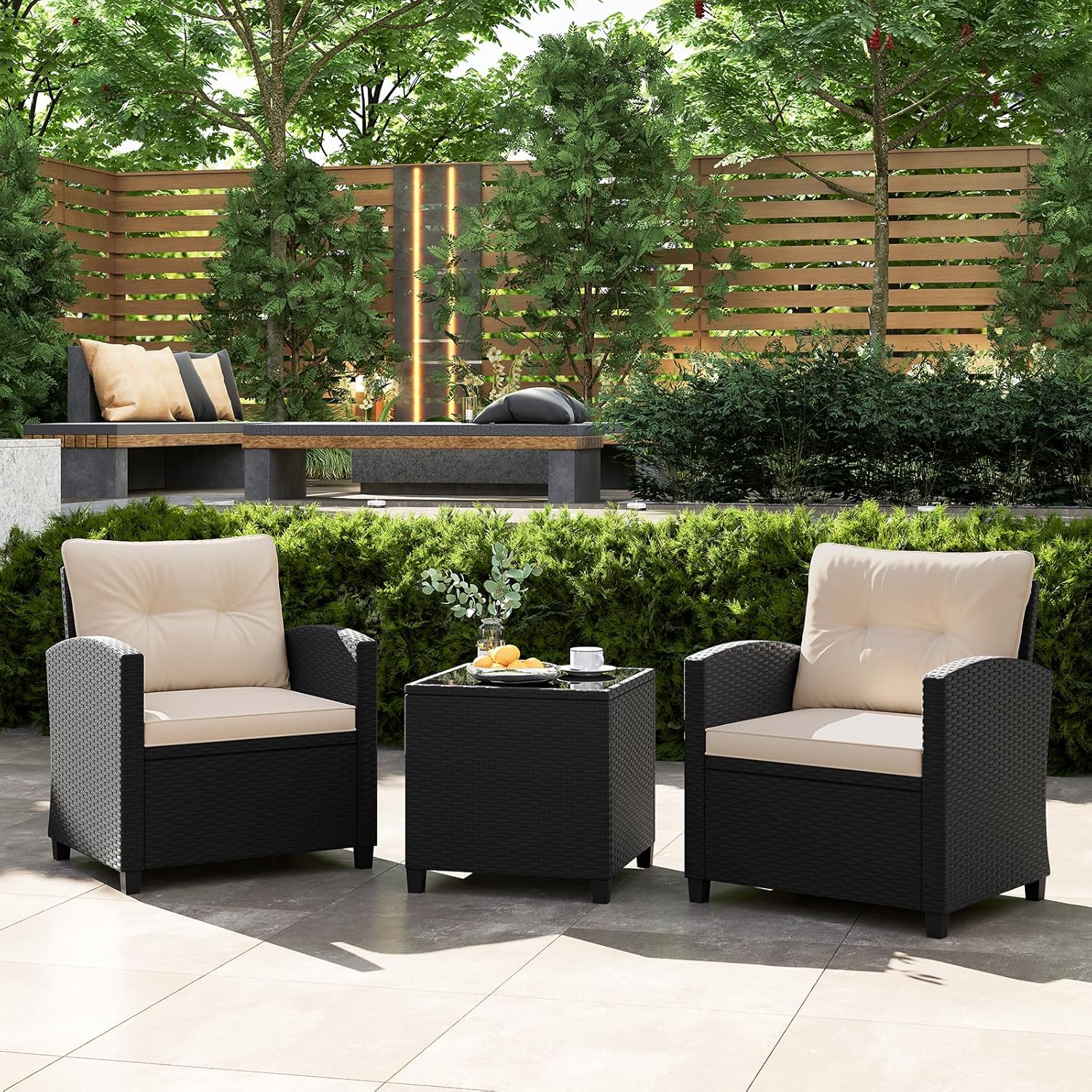 COSTWAY 3-TLG. Rattan Gartenmöbel Set, Balkonmöbel mit Kissen, 2 Stühlen und Tisch, Polyrattan Balkonset, Terrassenmöbel, Gartengarnitur, Sitzgruppe für Terrasse, Balkon, Garten (Beige)