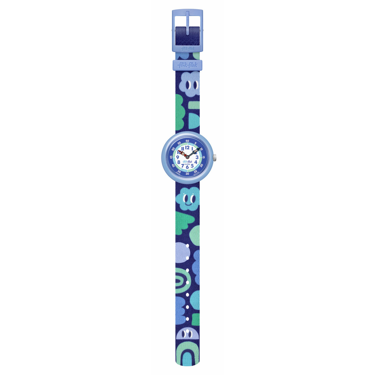Montre FLIK FLAK Organized Chaos Smiling Clouds enfant bracelet pet recyclé bleu