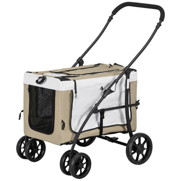 Sammenleggbar kjæledyrvogn for hunder Katter, avtakbar bæreveske, skulderstropper, 4 hjul med bremser, 600D Oxford 81 x 58 x 97,5 cm Khaki Aosom