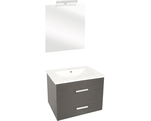 Badkamermeubelset Differnz Luka BxHxD 60 x 170 x 48 cm, frontkleur eikengrijs, met keramische wastafel in wit en wastafelspiegel met LED-verlichting, wastafelmeubel