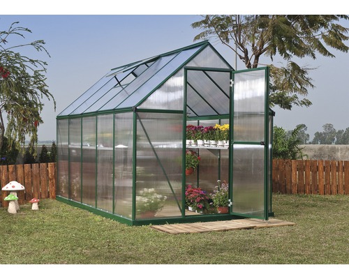 Palram kas – Canopia Mythos 6x10 dubbelwandige polycarbonaat panelen 4 mm incl. funderingsframe, gootsysteem 305 x 185 cm groen
