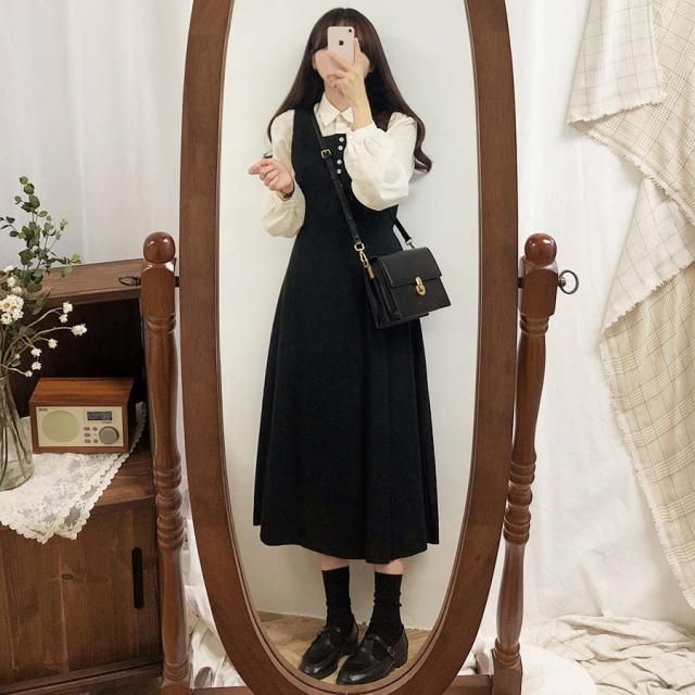 Leoom - Effen blouse met lange mouwen / Midi A-lijn overalljurk