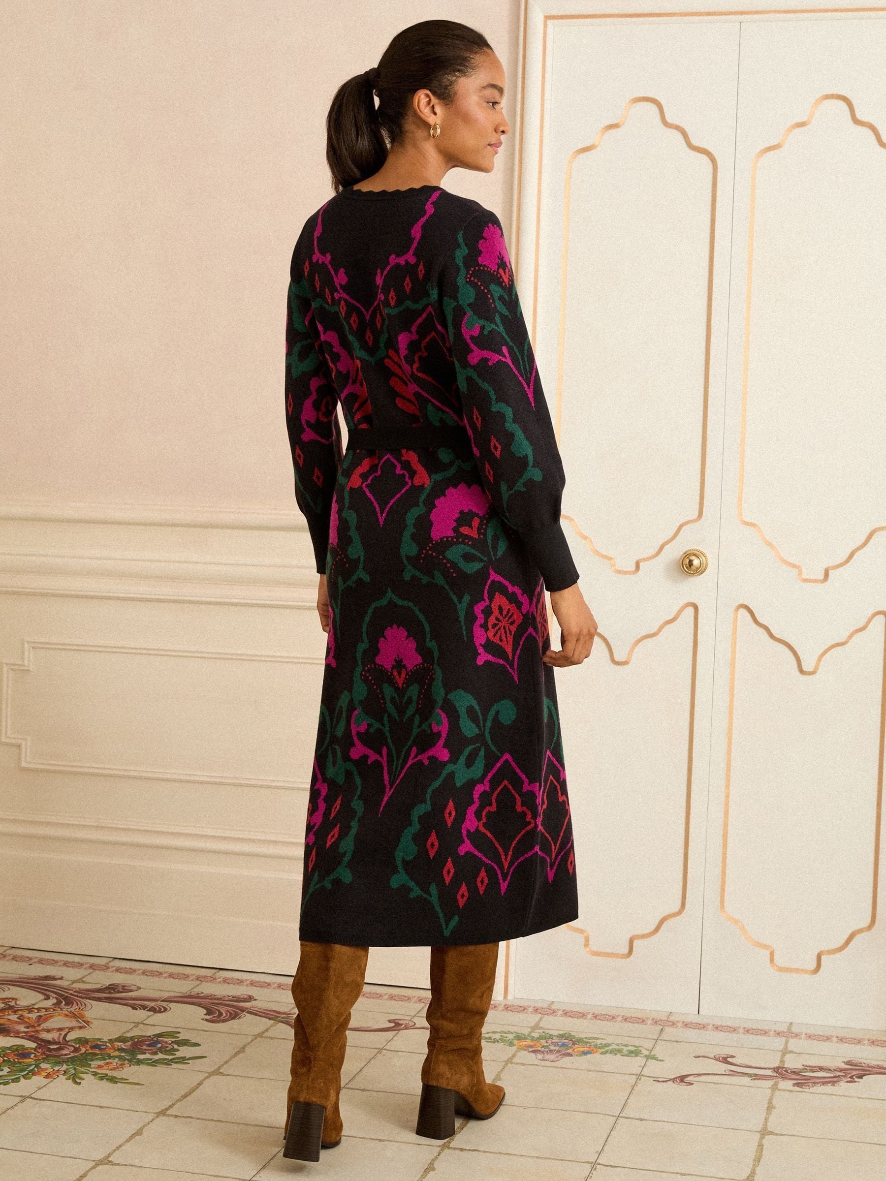 Zwarte Bloemenjacquard - Love & Roses gebreide midi-jurk