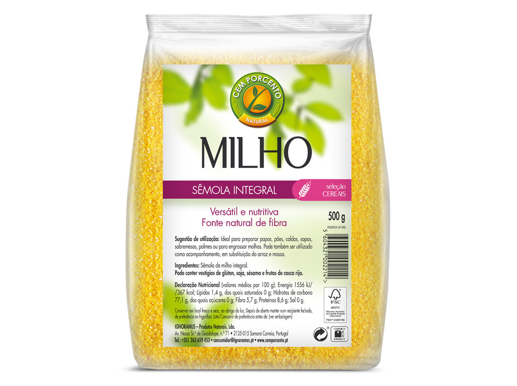 SÊMOLA CEM PORCENTO MILHO INTEGRAL 500G