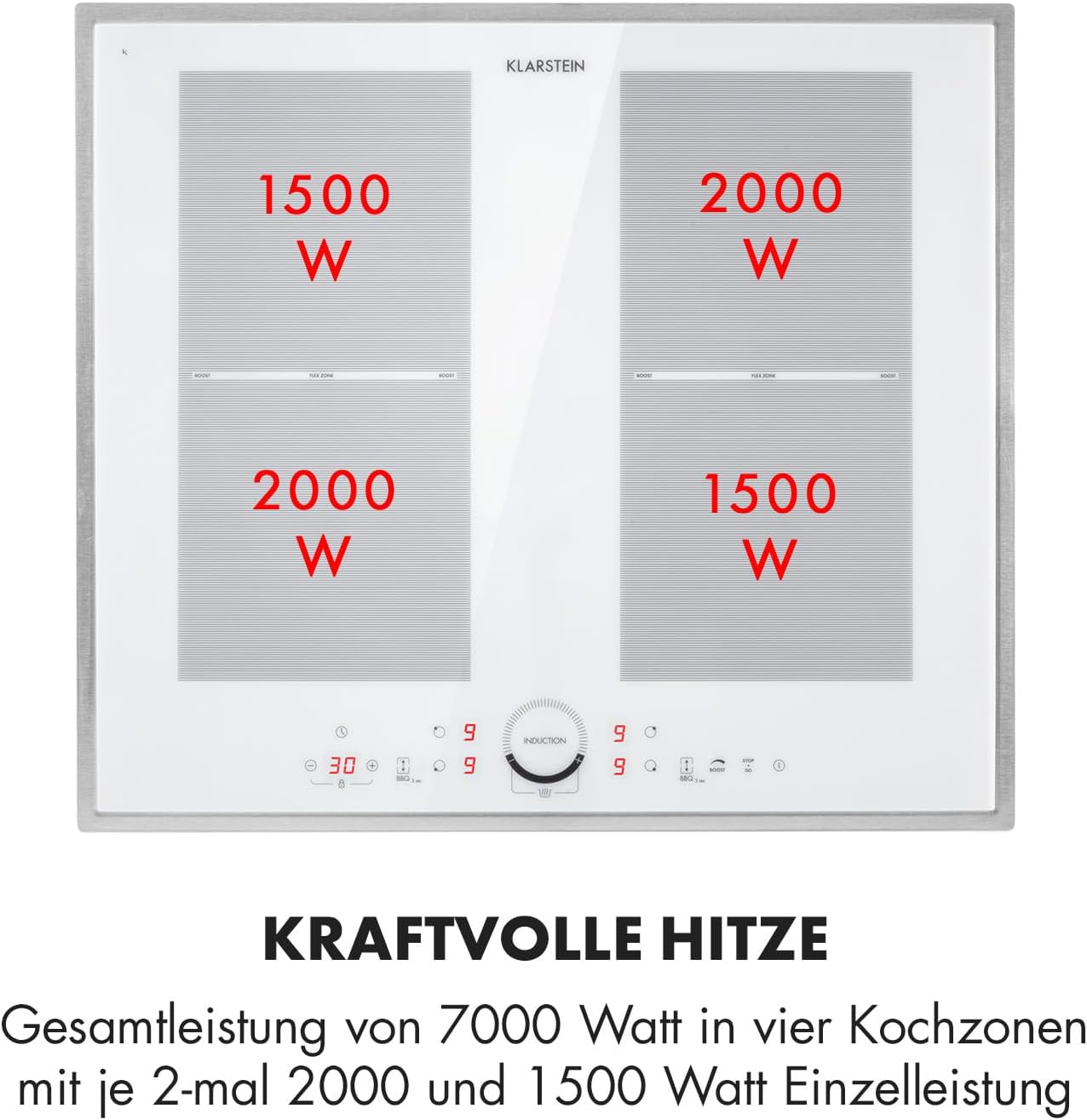 Klarstein Kochfeld, Glaskeramik, 4 Platten, Einbaukochfeld mit Touch-Display, Digitalanzeige und Timer-Funktion, Schnelles Aufheizen, 7000 Watt