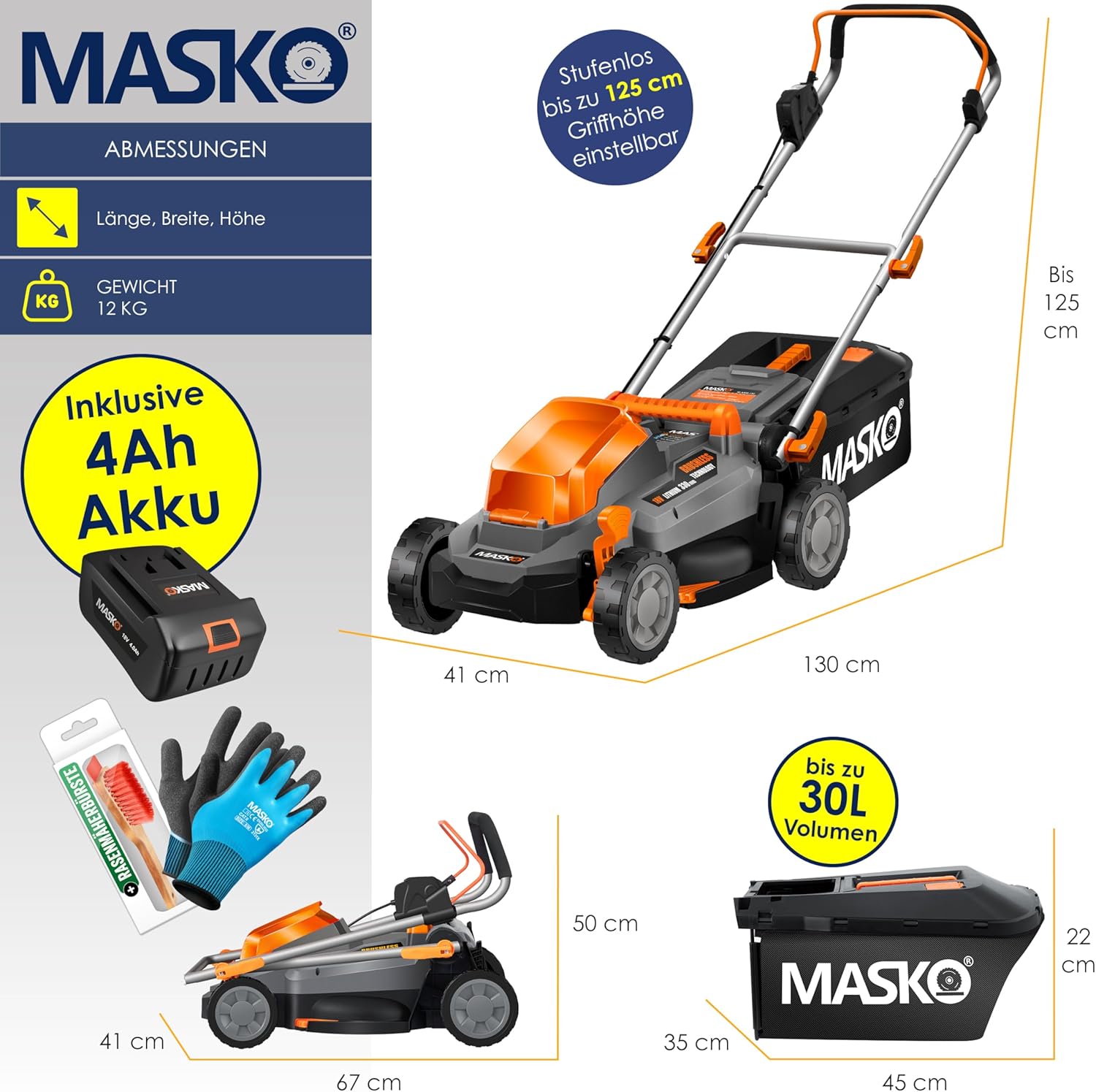 MASKO® Akku Rasenmäher mit Mulchfunktion, Akku Li-Ion Batterie 4Ah & Ladegerät Rasentrimmer 33cm Schnitt-Breite 5X Höhenverstellbar 30L Fangkorb Flächen bis 150m² inkl. Handschuhe & Bürste