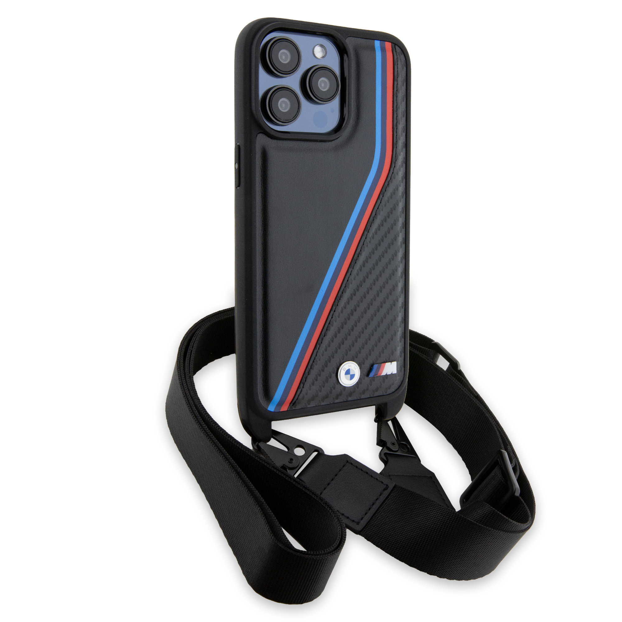 (160cm) iPhone 15 Pro Max Necklace Leder Hardcase Hülle Carbon Tricolor Lines & Strap   Handykette (BMHCP15X23PSVTK) - Schwarz