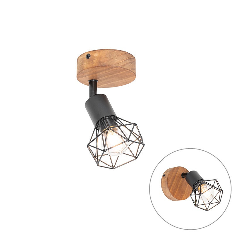 Industriële spot, zwart met hout, draai- en kantelbaar - Mosh