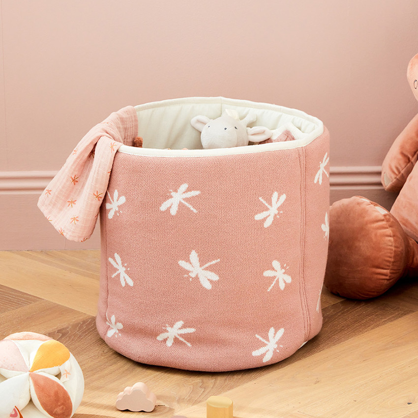 Panier de rangement en coton bio libellules rose poudré