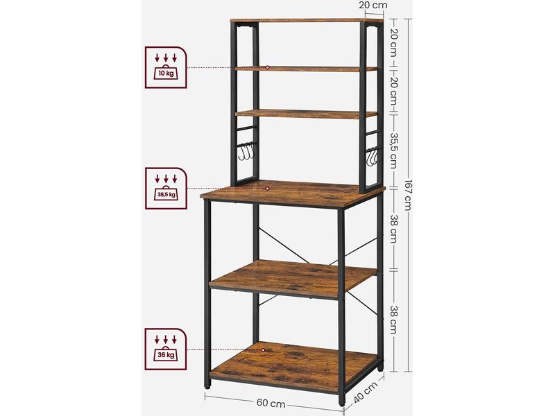 VASAGLE Küchenregal mit 6 Haken 167 x 60 cm, Braun/Schwarz Standregal