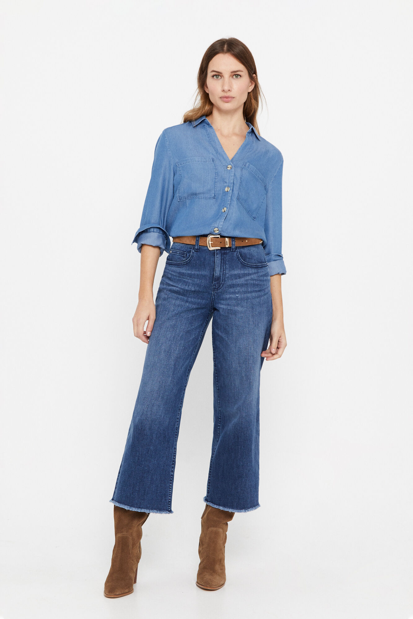 Calça estilo cowboy com corte palazzo e 5 bolsos - Azul