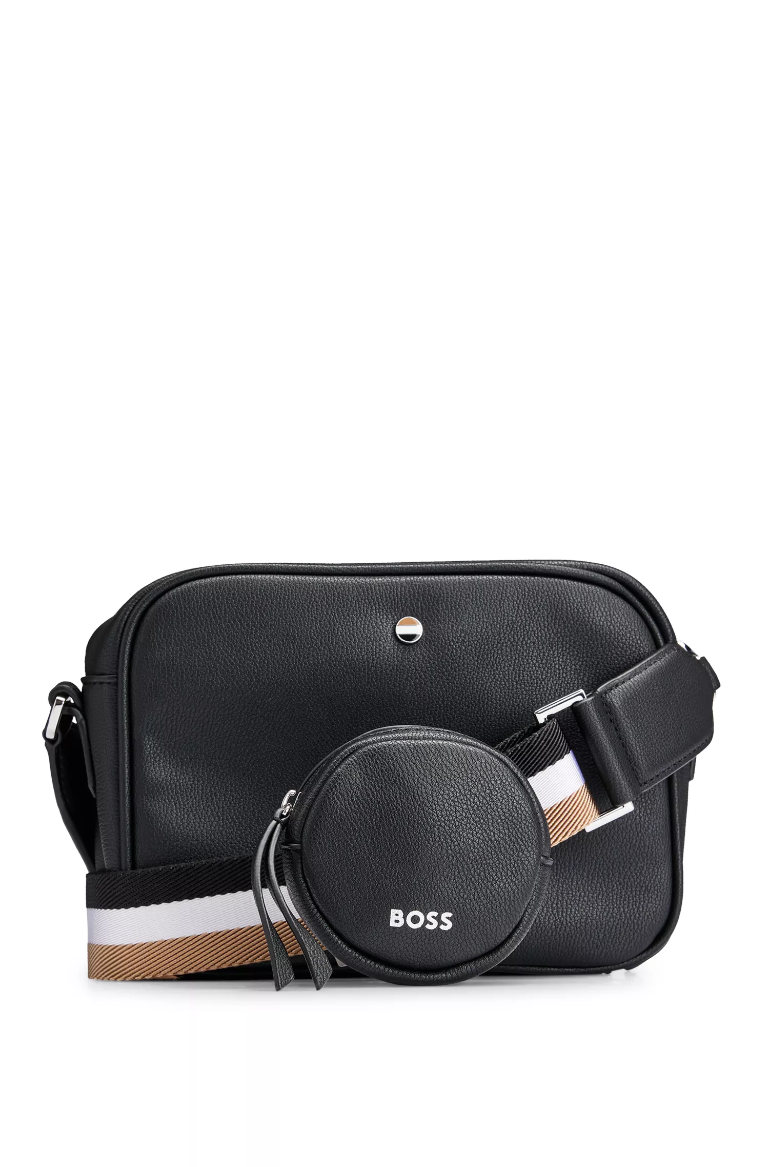 Bolsa transversal BOSS em couro sintético granulado preto com logotipo em contorno.