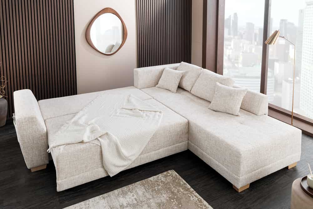 Modernes Ecksofa NORWAY 250cm beige Chenille Schlafsofa mit Stauraum inkl. Kissen