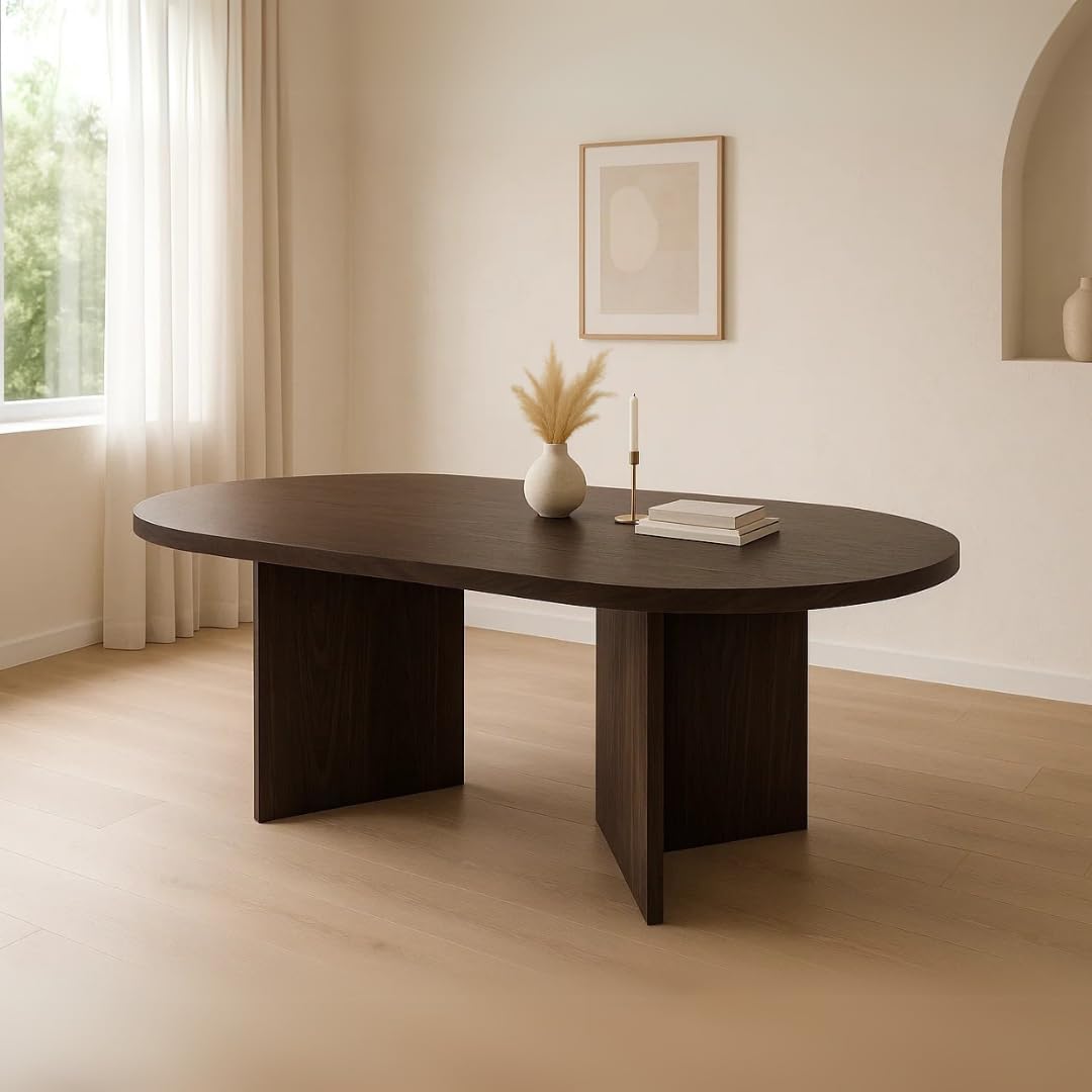 Esszimmertisch 160x90 cm, Nussbaum-Optik, Tischplatte gerade Kanten 40mm, ovealer Esstisch, Tischbeine V-Form, Holztisch Esszimmer
