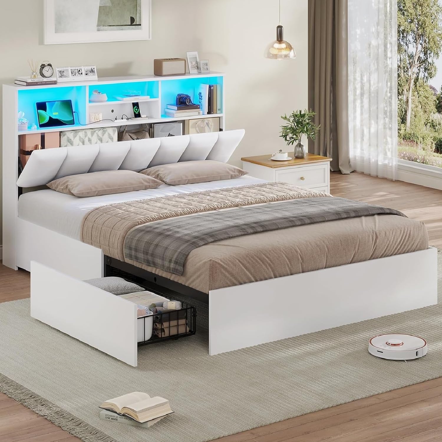 AOGLLATI Bett 140×200 cm, Polsterbett mit Ladestation und LED-Beleuchtung, Doppelbett Stauraumbett mit Stauraum Kopfteil, 4 Schubladen, Lattenrost, ohne Matratze(für 140 x 200 cm Matratze), weiß