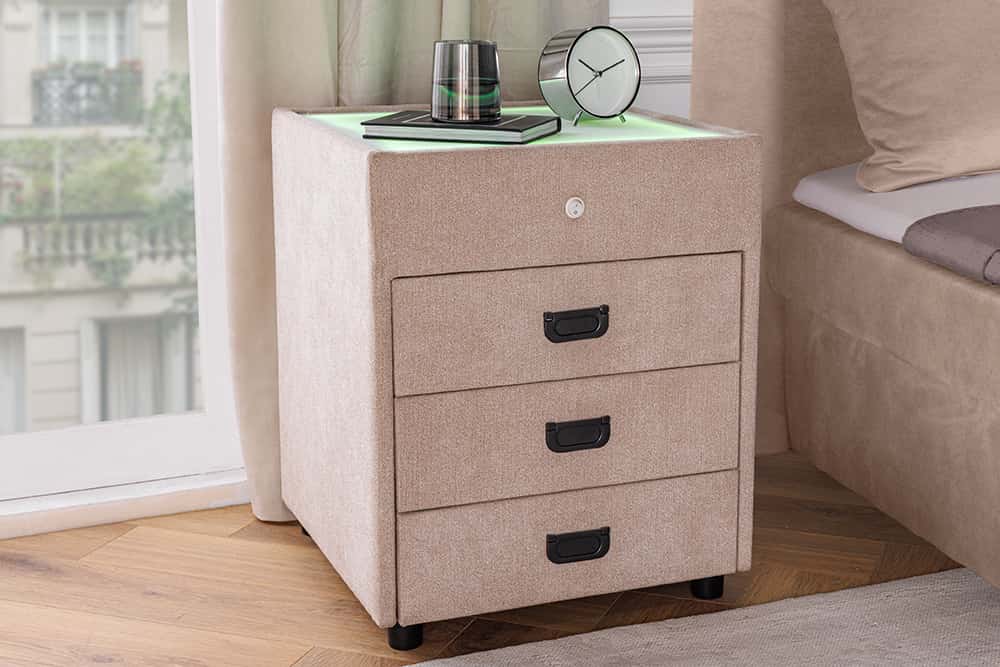 Quadratischer Nachttisch TOULOUSE 55cm beige Samt inkl. Beleuchtung und Schubladen