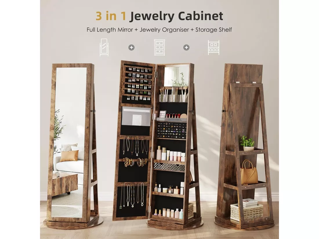 Armoire à bijoux pivotante, avec miroir pleine longueur et avec des clés, 55x55x160cm