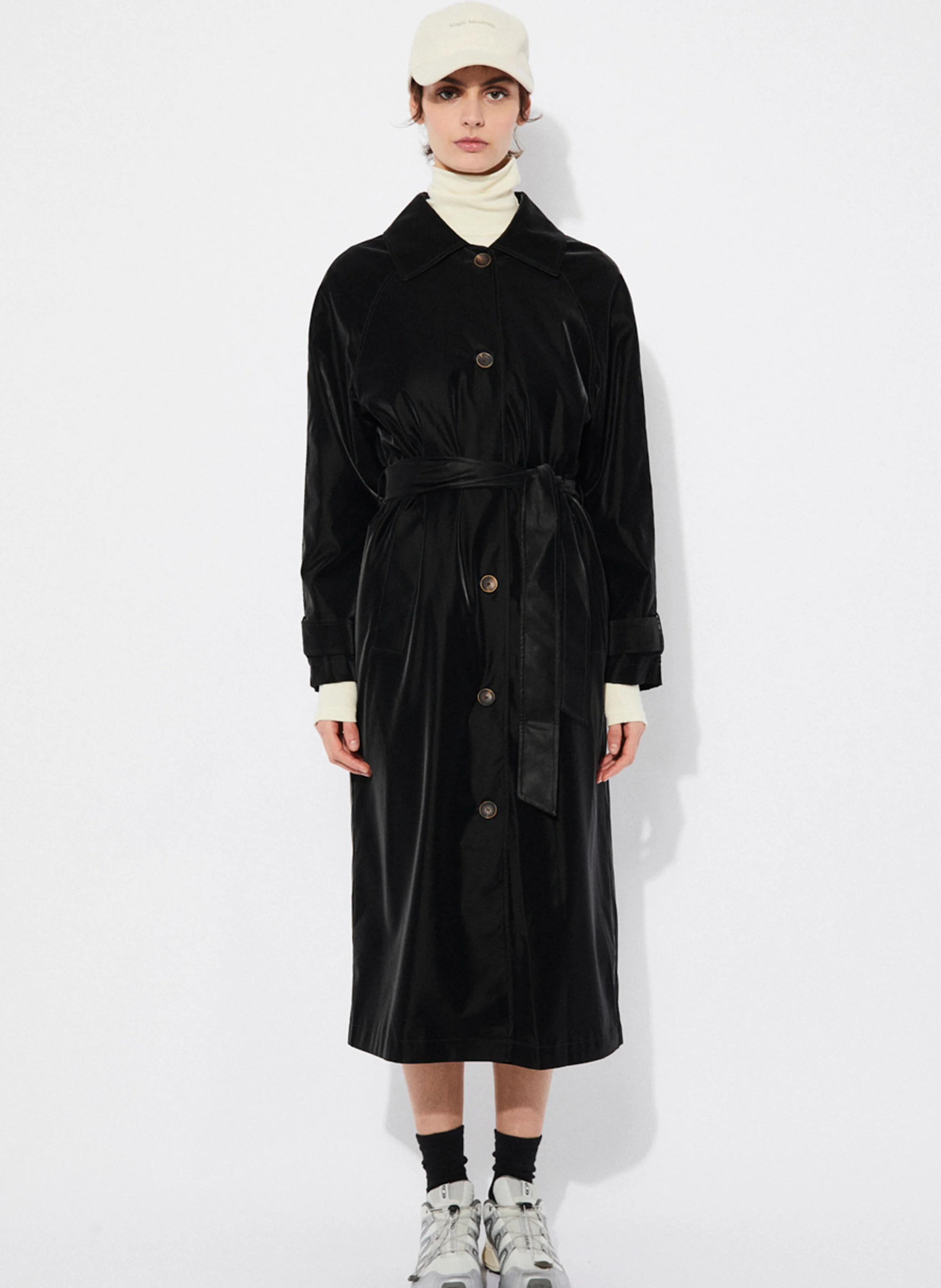 LINYA - Trench long aspect velours | Noir