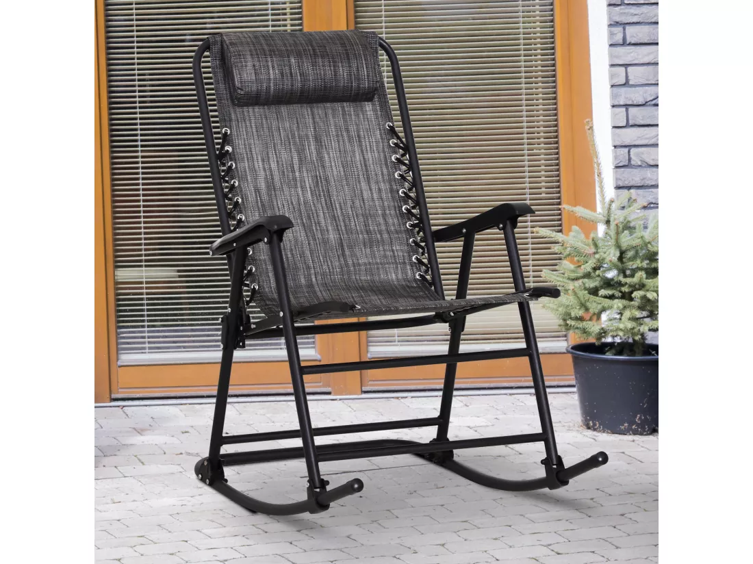 Fauteuil à bascule rocking chair pliable de jardin dim. 94L x 64l x 110H cm acier époxy textilène gris chiné
