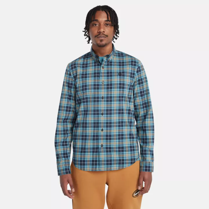 Camisa xadrez de popeline stretch para homem na cor azul