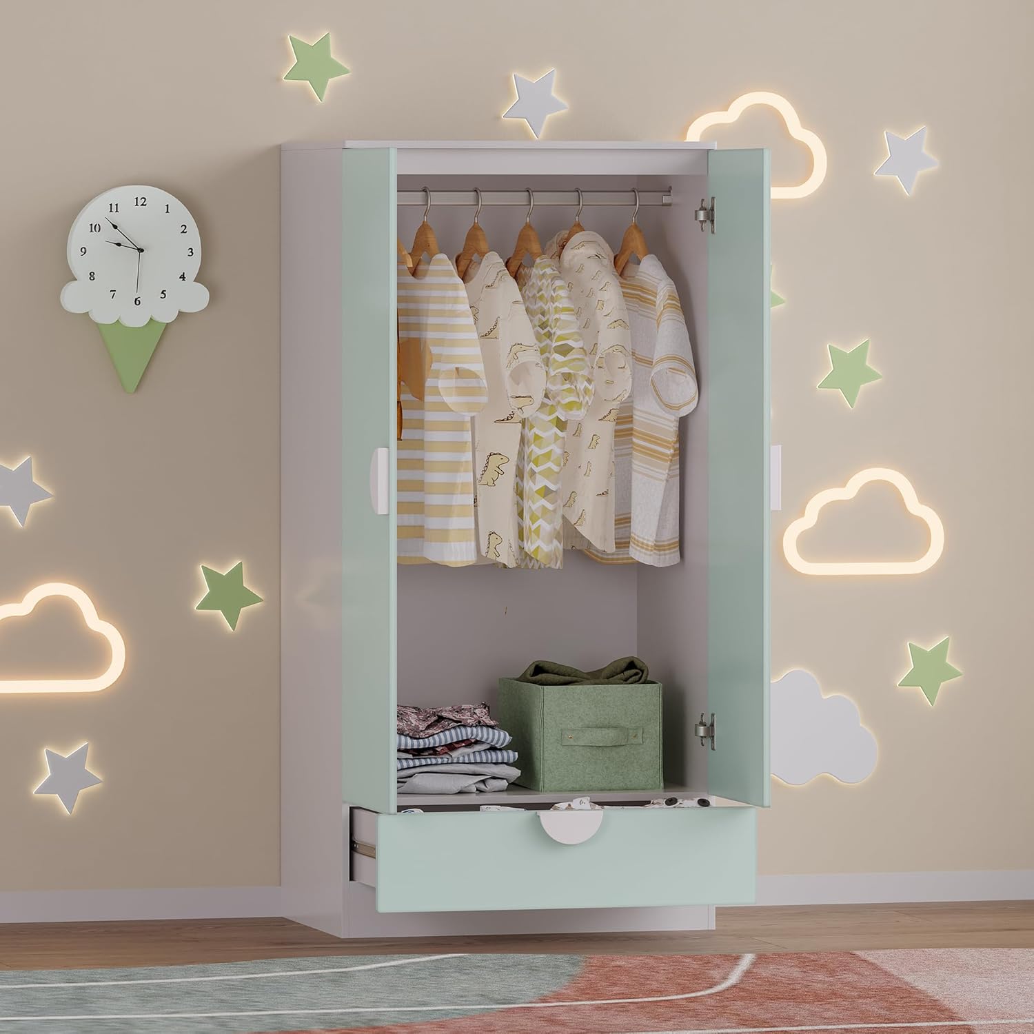 [en.casa] Kinderkleiderschrank Sandnes Garderobenschrank mit 2 Türen und 1 Schublade Kleiderstange Kinderzimmer 123 x 60 x 40 cm Mintgrün/Weiß