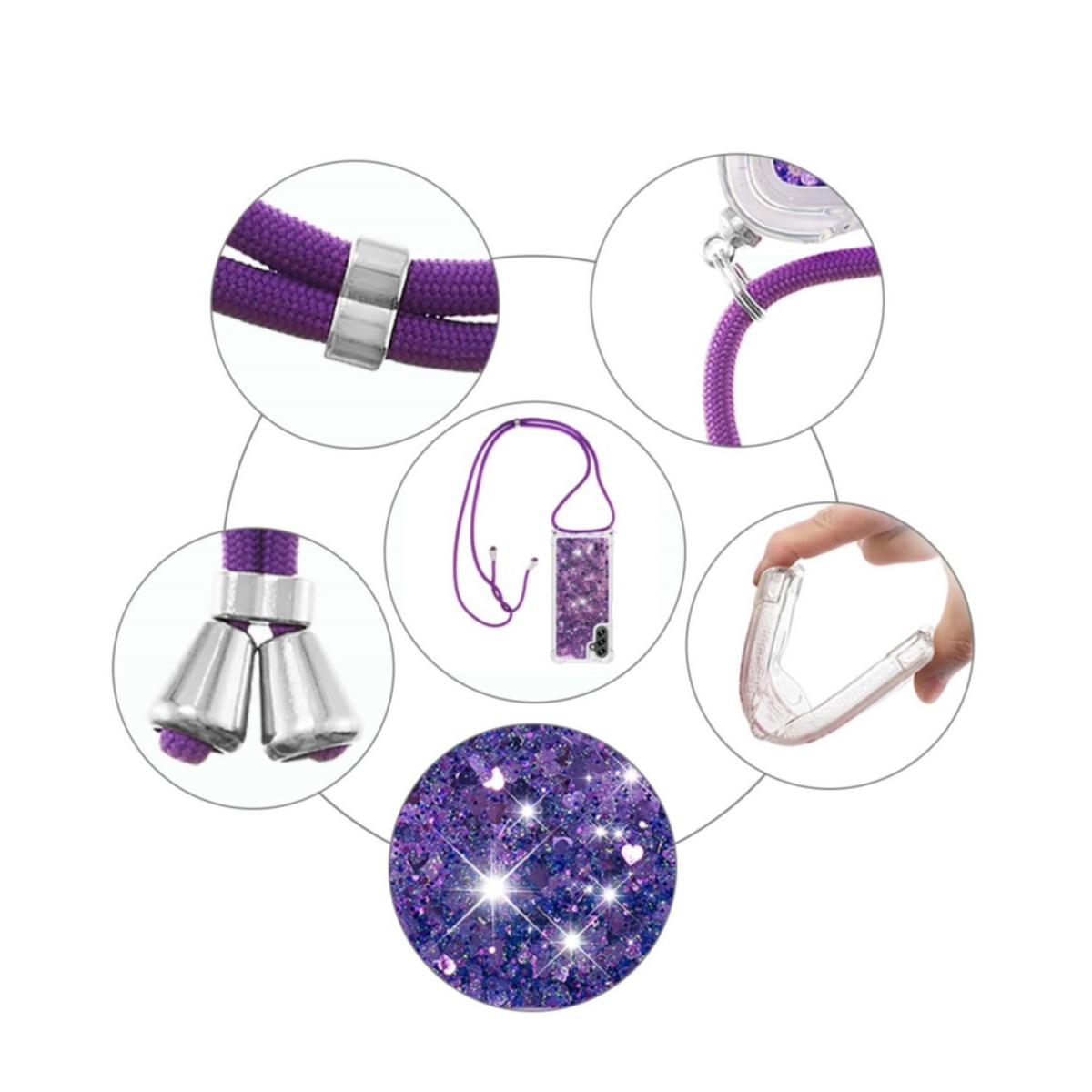 Samsung Galaxy A54 5G Necklace Gummi Hülle Liquid Glitzer   Handykette (130cm) - Violett