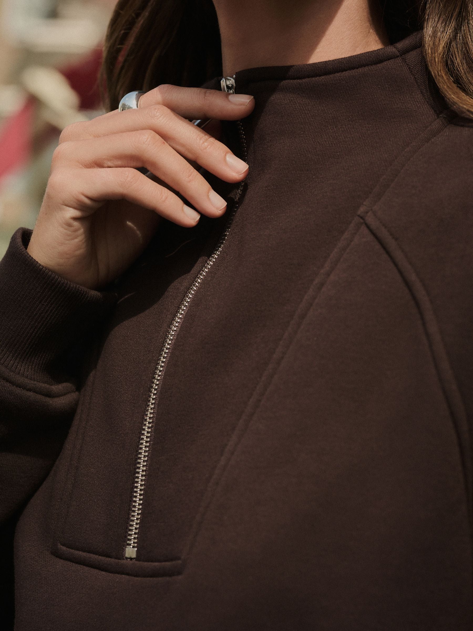 Chocoladebruin - Relaxed fit sweatshirt van zware katoenrijke jersey met ritssluiting bij de hals