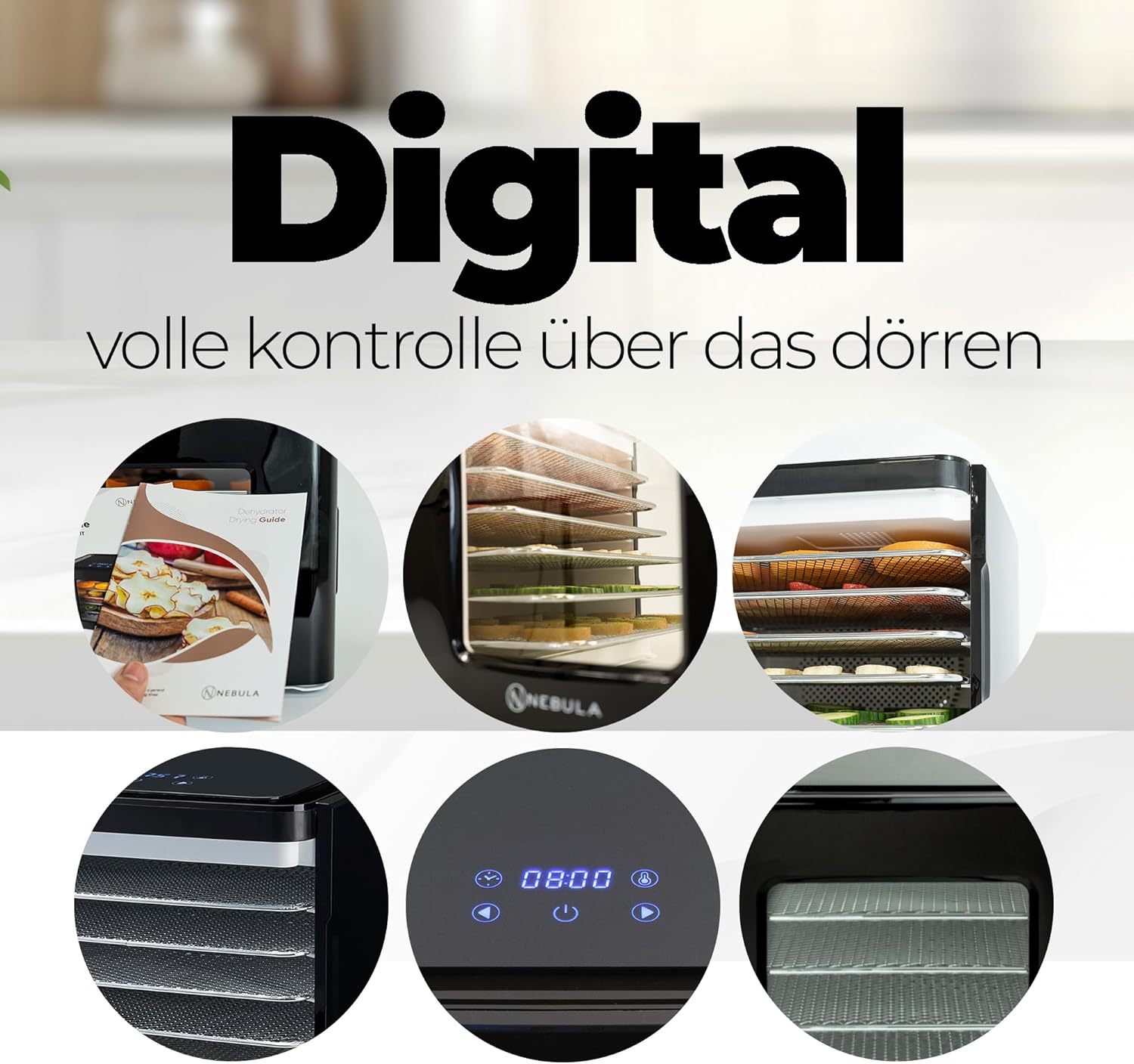 Nebula Lebensmittel Dörrgerät Mit 6 Edelstahlschalen | LED-Touch Control Design, Einstellbare Digitale Temperatur 35-70 °C & 48-Stunden-Timer | Dörrautomat Für Obst, Gemüse, Fleisch Und Mehr | 400W