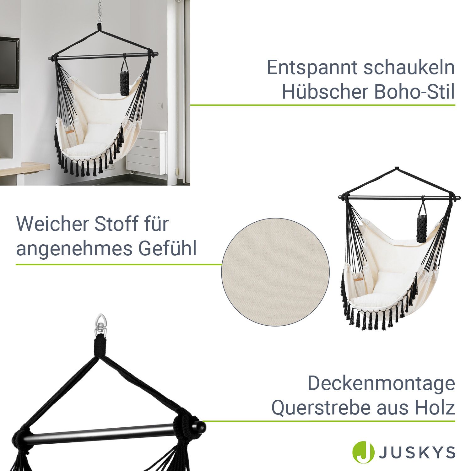 Juskys Hängesessel Miami mit Kissen, Stange & Tasche - Makramee Hängeschaukel bis 150 kg - Beige