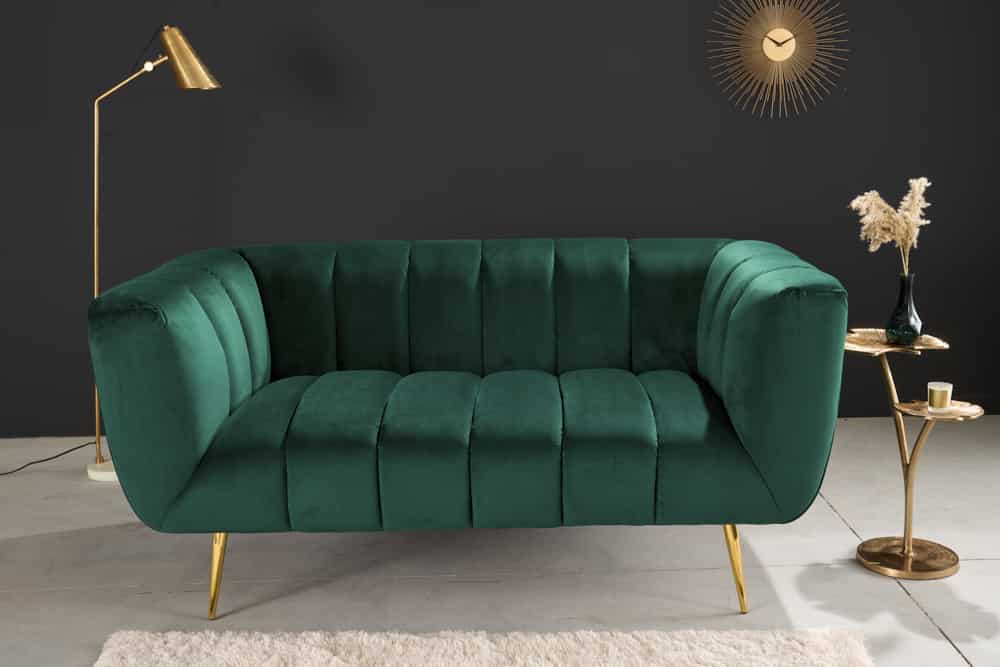 Design 2-Sitzer Sofa NOBLESSE 165cm smaragdgrün Samt Federkern goldene Metallfüße