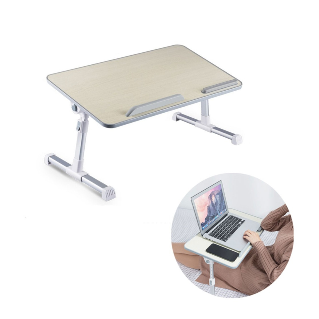 (53x30cm) 2in1 Klappbare Halterung Multifunktions Ständer Höhenverstellbarer Metall Betttisch für Macbook / Notebook / Laptop - Grau / Beige