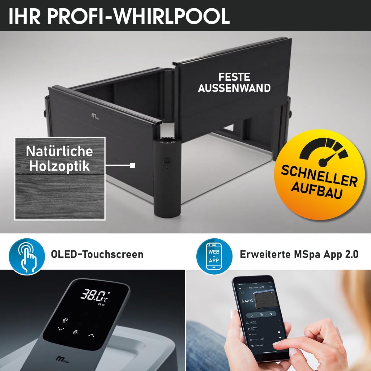 BRAST Whirlpool MSpa Oslo Sapphire mit Fester Außenwand | LED-Beleuchtung in 20 Farben für 6 Personen | 160x160x65cm | 120 Massagedüsen | Ganzjähriger Einsatz Winterfest | In & Outdoor Pool