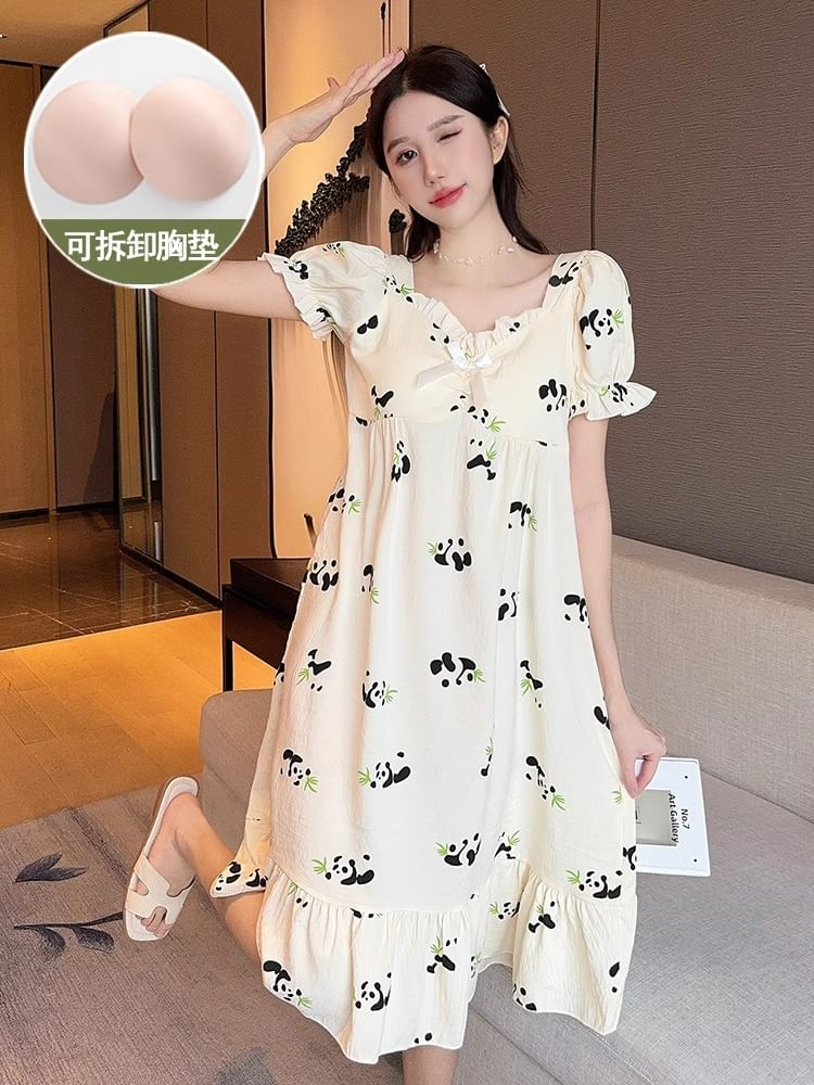 Dazzli - Midi-pyjamajurk met pofmouwen, V-hals, cartoonprint, strikaccent en volantrand