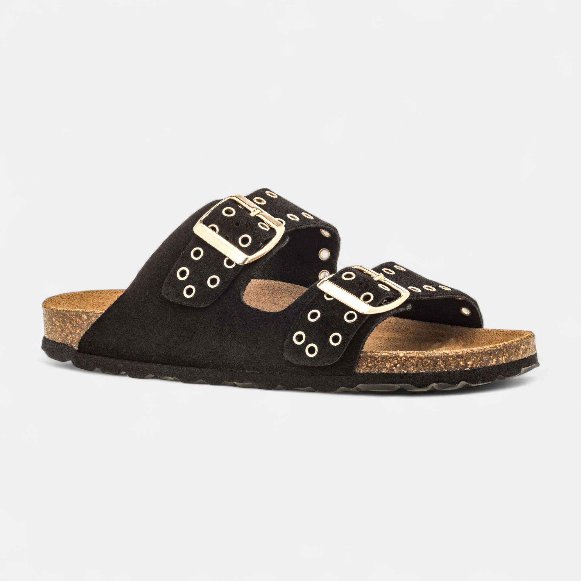 Mules semelle liège Femme en cuir noir