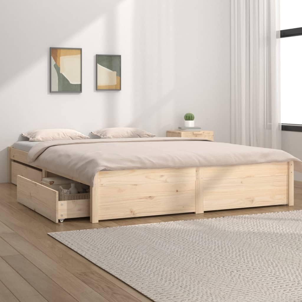 Owox Massivholz Bett 180x200 Kiefer Natur 4 Schubladen Stauraumbett ohne Matratze