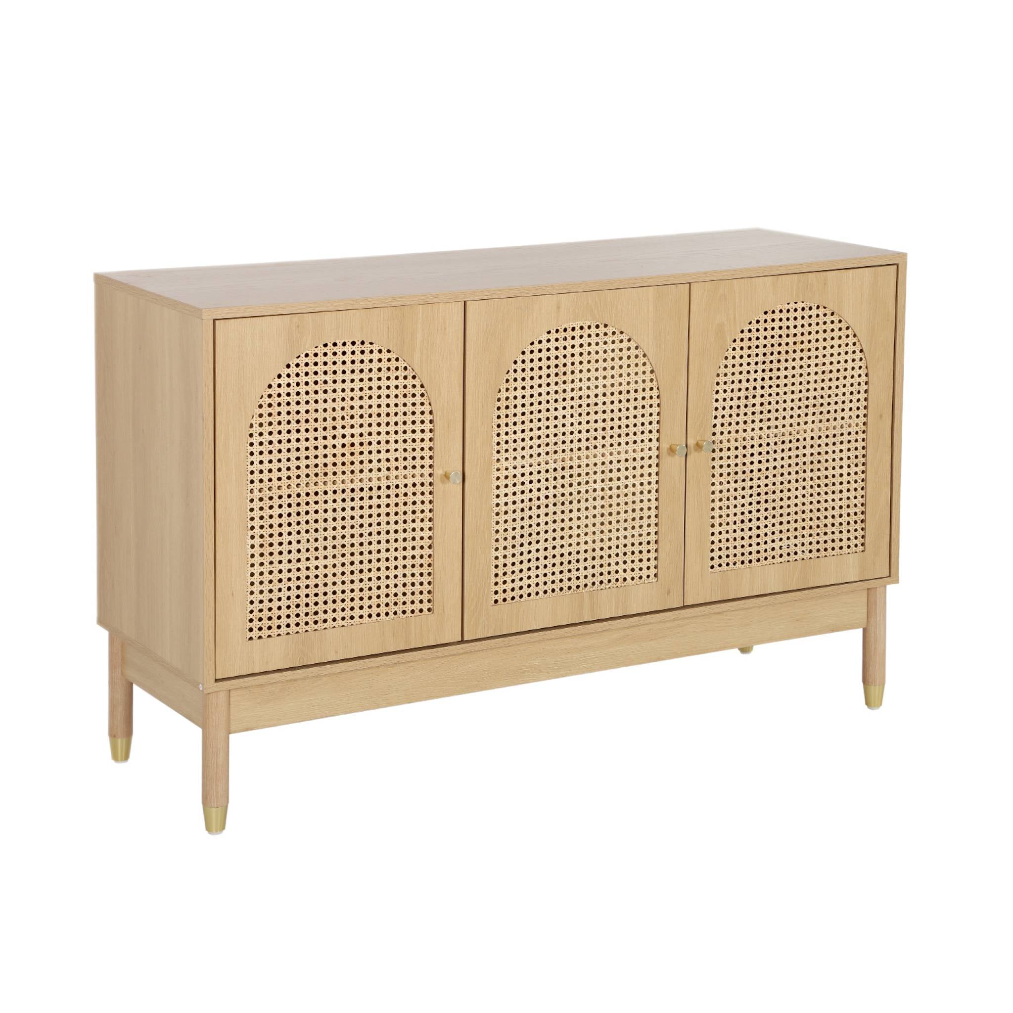 sweeek - Dressoir houteffect en vlechtwerk 3 deuren 120cm